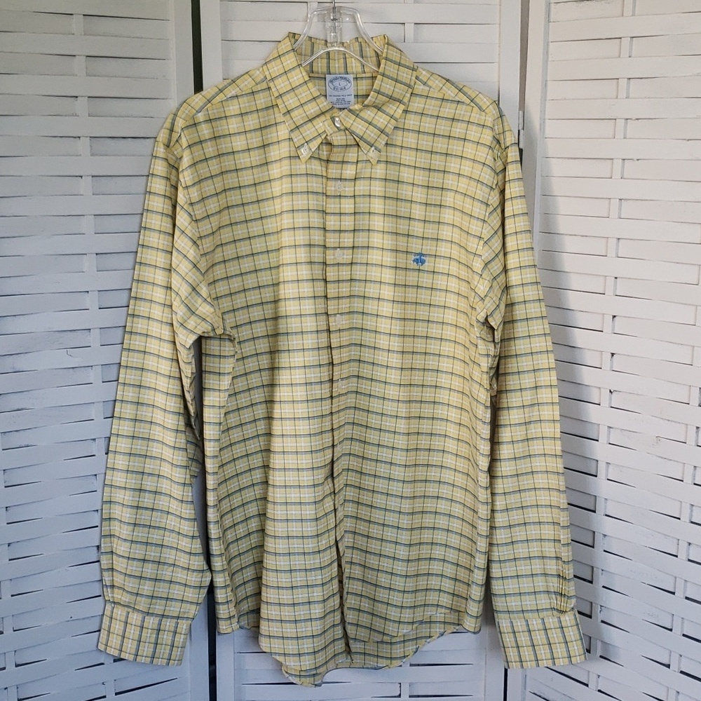Brooks Brothers long sleeve yellow and blue plaid button down shirt L